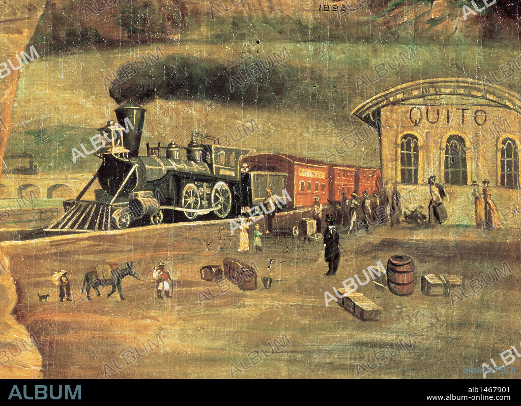 HISTORIA DEL FERROCARRIL. ECUADOR. SIGLOS XIX-XX. "EL FERROCARRIL DEL SUR Y LA ESTACION DE QUITO". Oleo alegórico sobre Eloy Alfaro Delgado (1842-1912), cuando éste fue encargado del ferrocarril del sur. Archivo Bibliteca Aurelio Espinosa Polit. Quito. Cotocollao. Ecuador.