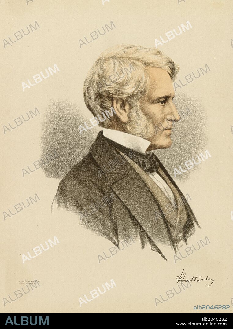 William Page Wood, 1st Baron Hatherley (29 November 1801 - 10 July 1881) was a British lawyer and statesman who served as a Liberal Lord Chancellor between 1868 and 1872 in William Ewart Gladstone's first ministry - Tinted lithograph.