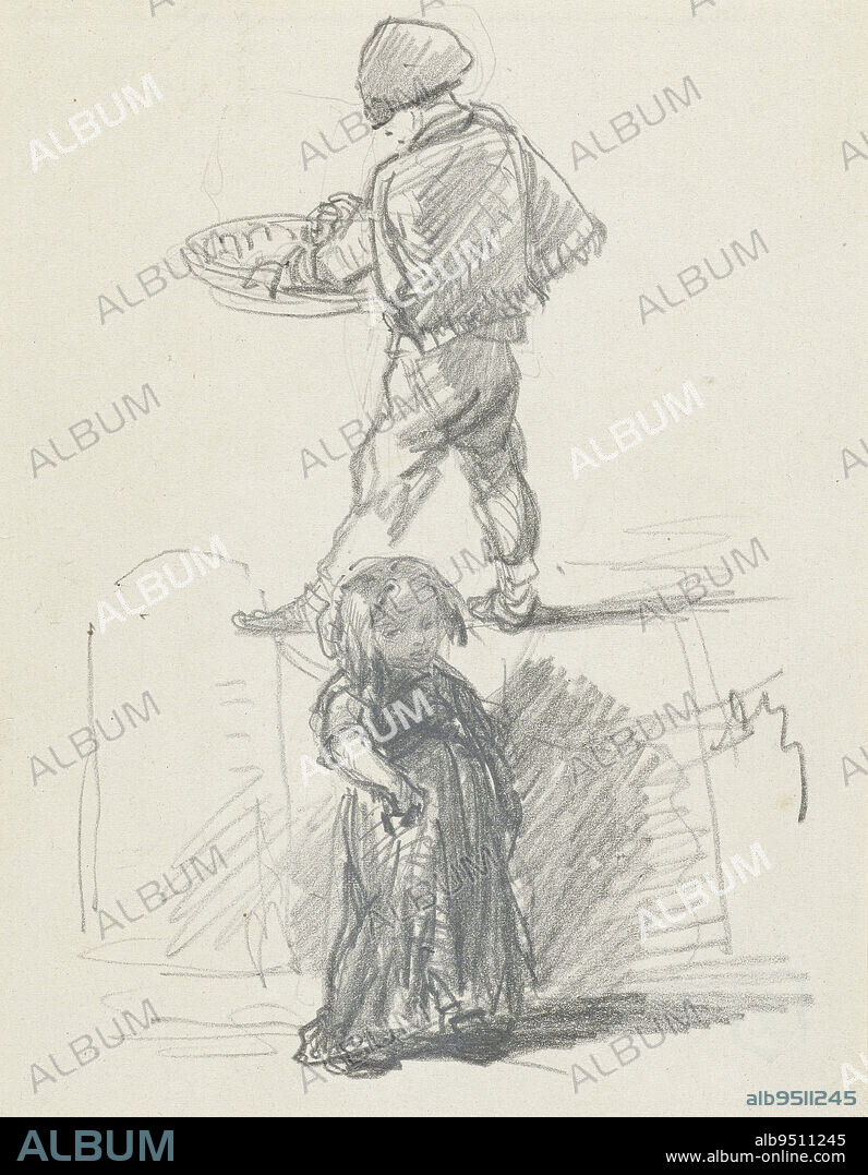 Study figurines of a boy with a basket and a girl, Adolphe Mouilleron, 1830 - 1881, draughtsman: Adolphe Mouilleron, 1830 - 1881, paper, h 163 mm × w 136 mm.
