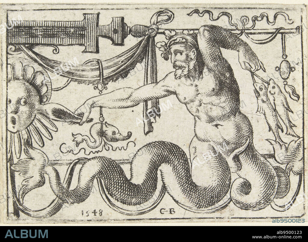 Man with two fish tails instead of legs. With one hand he holds fish behind his back, with the other he pulls the ear of a mascaron. One of 4 sheets from a series of 8., Flat decorations with merman Small flat decorations with grotesques (series title), print maker: anonymous, Cornelis Bos, (mentioned on object), Netherlands, (possibly), 1548, paper, engraving, h 41 mm × w 57 mm.