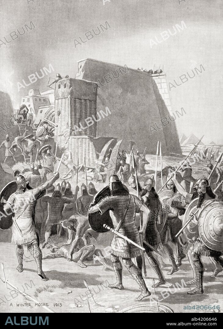 The capture of Memphis, Egypt by the Assyrian king Esarhaddon, 671 BC. Esarhaddon, king of the Neo-Assyrian Empire who reigned 681 - 669 BC.  From Hutchinson's History of the Nations, published 1915.
