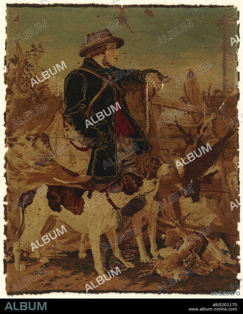 The English Gamekeeper, John Crossley & Sons Ltd, English, 1850 - 1869, Richard Ansdell, 1815 - 1885, Materials: worsted threads on linen Technique: adhesive Label: worsted threads adhered to linen ground, 'Mosaic' carpet sample. Worsted threads glued on linen backing showing a game-keeper in a round-brimmed hat, leaning against a ladder over a hedge with a bag slung over his shoulder, a pile of game at his feet, two hounds beside him; after Richard Ansdell., Halifax, England, 18591869, non-woven textiles, Carpet panel from a firescreen, Carpet panel from a firescreen.