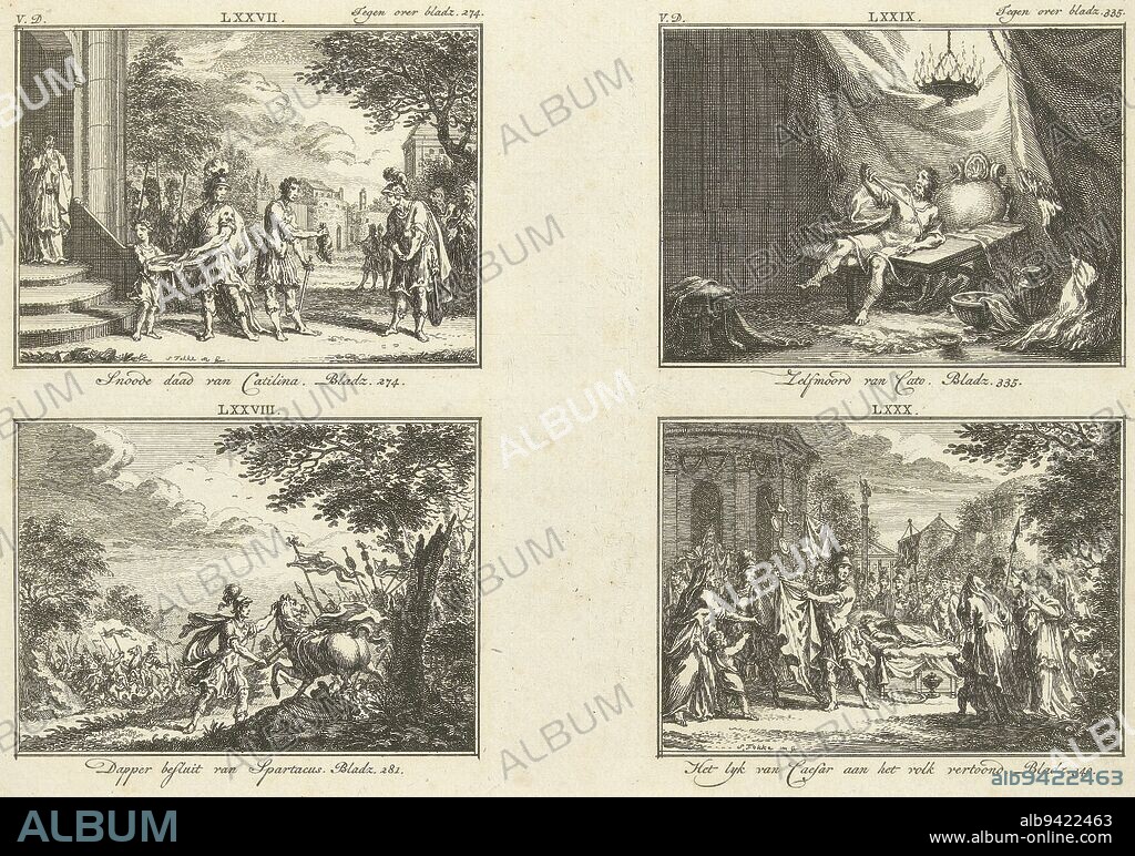 Four classical history illustrations from one plate, numbered LXXVII through LXXX, all with captions Top left: Catiline's nefarious act Bottom left: Brave decision of Spartacus Top right: Suicide of Cato Bottom right: Corpse of Caesar shown to the people Representations LXXVII and LXXVIII marked at upper right: Opposite page 274 Representations LXXIX and LXXX marked top right: Opposite of page 335, Four representations from classical history Illustrations from classical history , print maker: Simon Fokke, (mentioned on object), Simon Fokke, (mentioned on object), Amsterdam, 1722 - 1784, paper, etching, h 221 mm × w 282 mm.