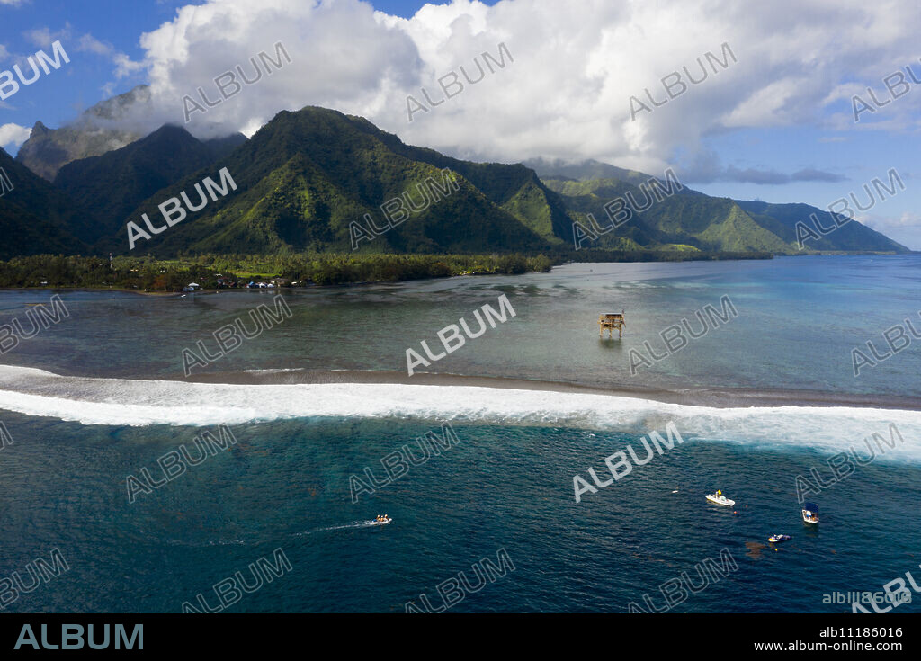 Aerial View of Teahupoo, Tahiti, French Polynesia.