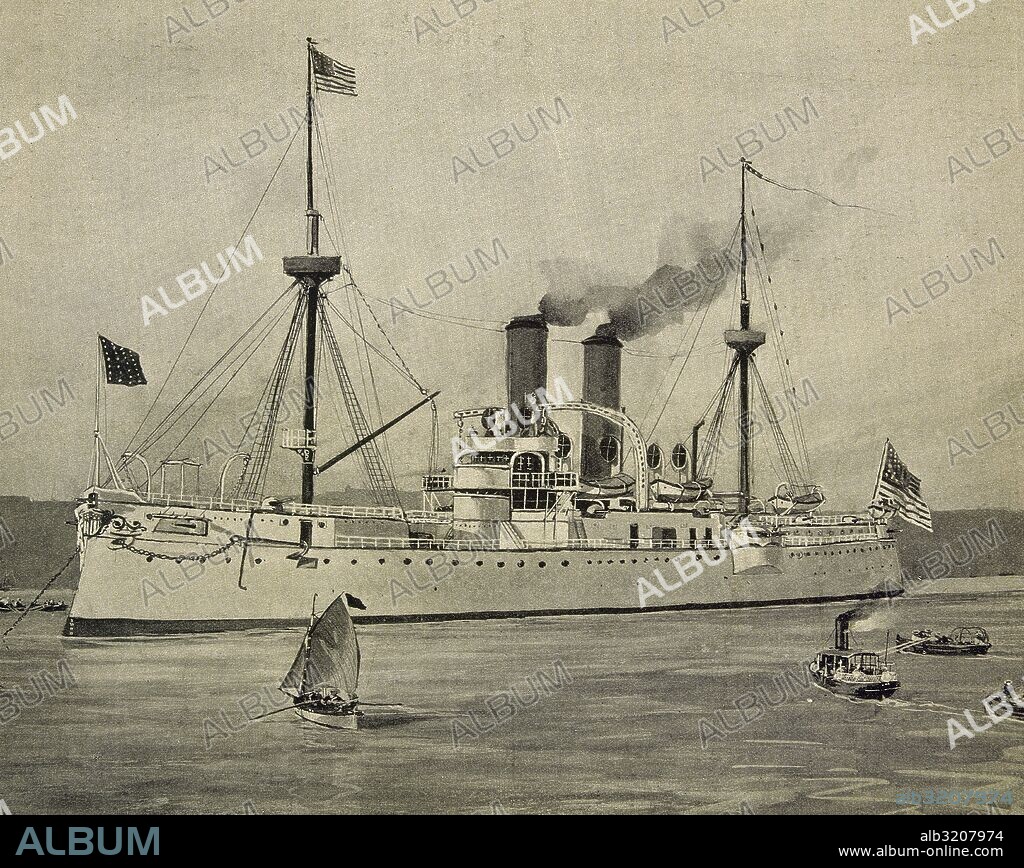 Spanish-American War. The American naval ship USS Maine (ACR-1) anchored in the Havana Harbor. On 15 February 1898 exploded, serving of pretext to the United States to declare the war to Spain. Engraving.
