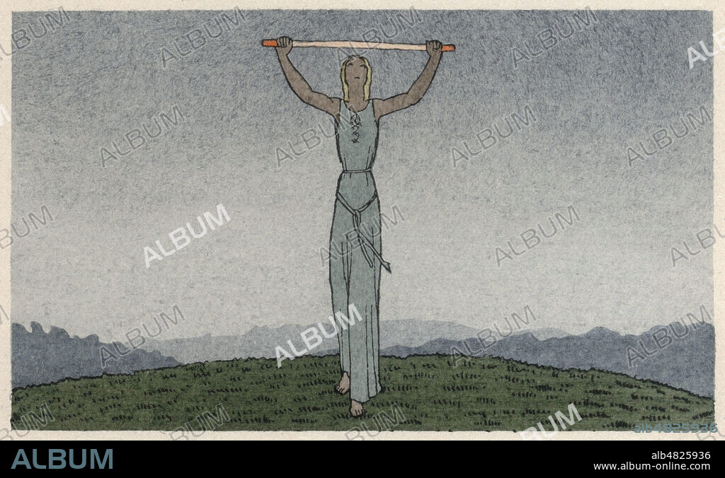 Pour son jugement, Iseut la Blonde saisit sans crainte la barre de fer rouge. Illustration de 1946 par Andre MARTY (1882-1974) pour Le Roman de Tristan et Iseut par Joseph BEDIER (1864-1938). ADAGP. Credit : Collection Jonas/Kharbine-Tapabor.