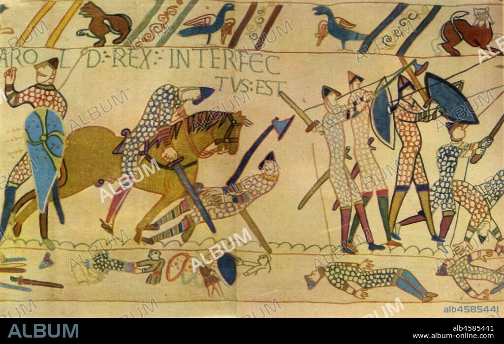 The death of Harold at the Battle of Hastings, 1066, (1944). The Latin reads: 'Harold Rex Interfectus Est' - King Harold is killed. English forces led by King Harold II fought the invading Normans under William I. It has been suggested that the 'arrow in the eye' account of Harold's death was deliberately invented by the Normans as an attempt to legitimise William's siezure of the English crown, by portraying Harold as having been 'struck down' by God as punishment for his breaking of his oath to William. Detail from the Bayeux Tapestry, the famous embroidery made a few years after the Norman invasion of England in 1066. From "Battlefields in Britain', by C. V. Wedgwood. [Collins, London, 1944].