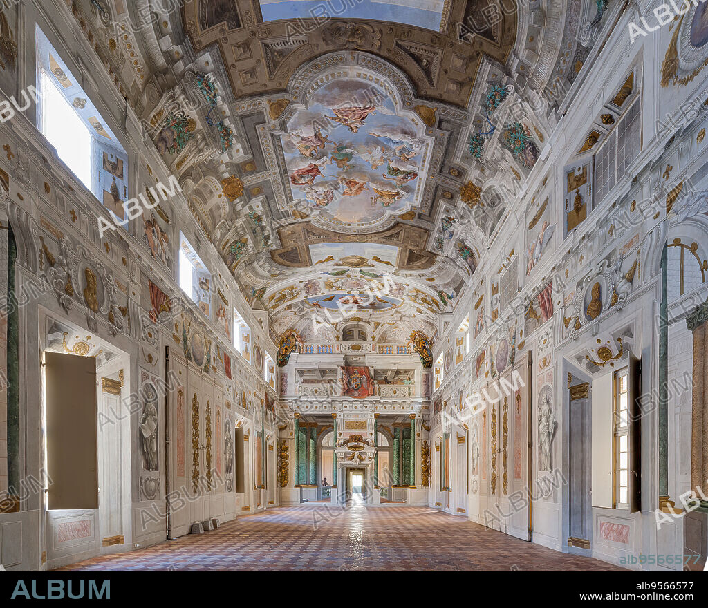 Sassuolo, Este Ducal Palace; Hall of the Guards: the ceiling of the hall with the Bologna Quarters by Angelo Michele Colonna, Agostino Mitelli, Baldassarre Bianchi and Gian Giacomo Monti. At the centre: "The Muses present to Apollo the literary works promoted by the Dukes of Este. View towards the North East wall.