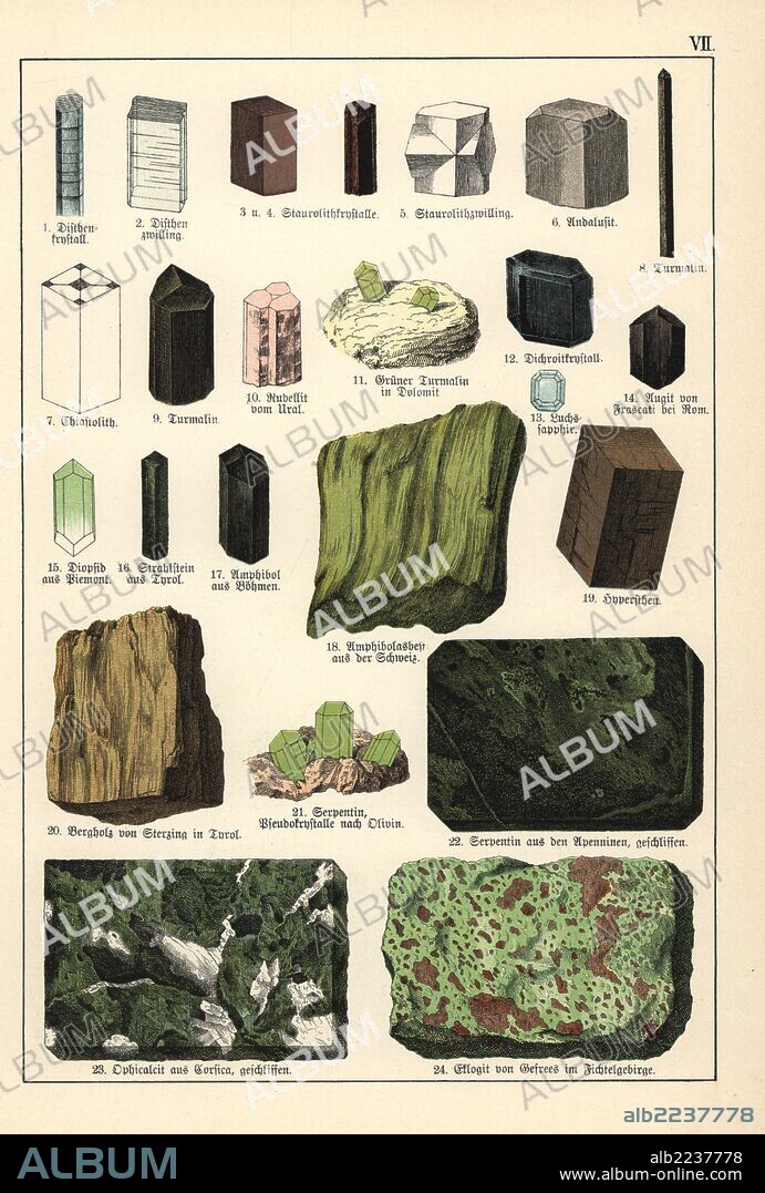 Various minerals and crystals including kyanite, staurolite, andalusite, tourmaline, chiastolite, rubellite, cordierite, pyroxene, diopside, actinolite, amphibole, hypersthene, mountain leather, asbestos, serpentine, ophicalcite and eclogite. Chromolithograph from Dr. Aldolph Kenngott's "Mineralogy" section in Gotthilf Heinrich von Schubert's "Naturgeschichte," Schreiber, Munich, 1886.
