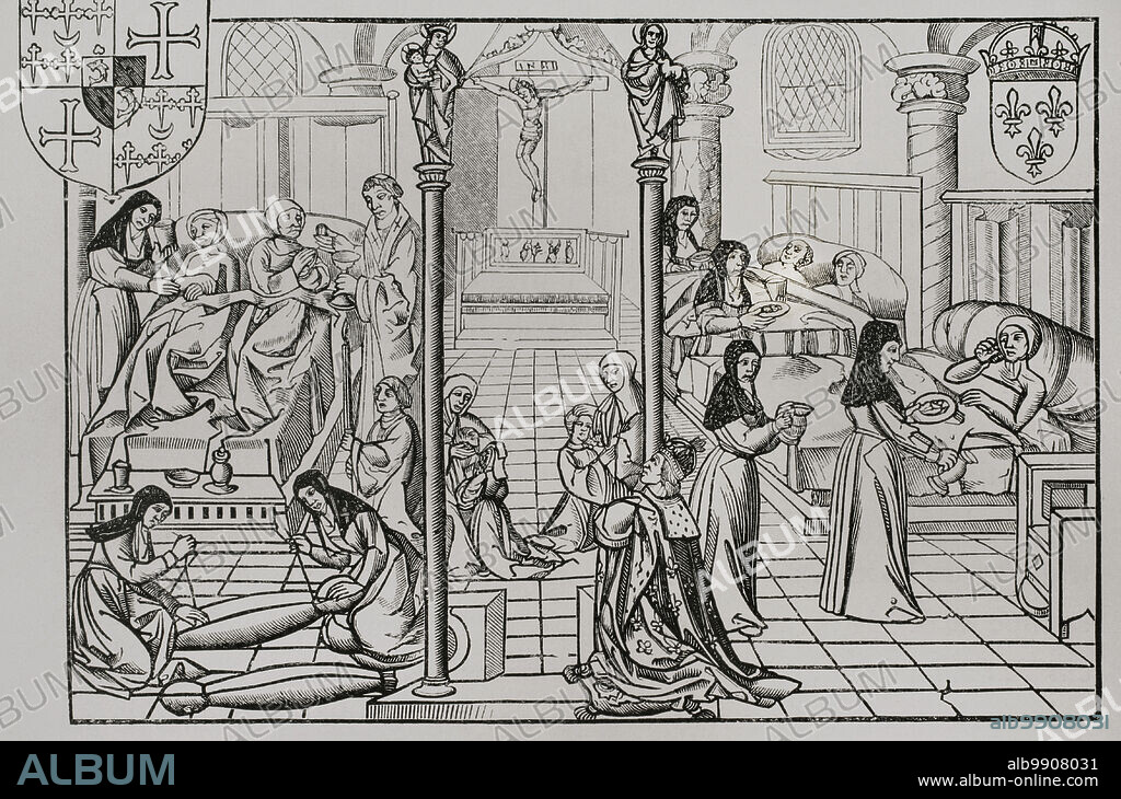 France. A ward in the Hôtel-Dieu, in Paris. Facsimile after a 16th century wood engraving, in the frontispiece of a Manuscript "Le Pardon, gráces et facultés octroyés a Monseigneur l'archevéque patriarche de Bourges et primat d Aquitaine, aux bienfaiteurs de l'Hostel-Dieu de Paris". Sciences & Lettres au Moyen Age et à l'époque de la Renaissance. Paris, 1877.
