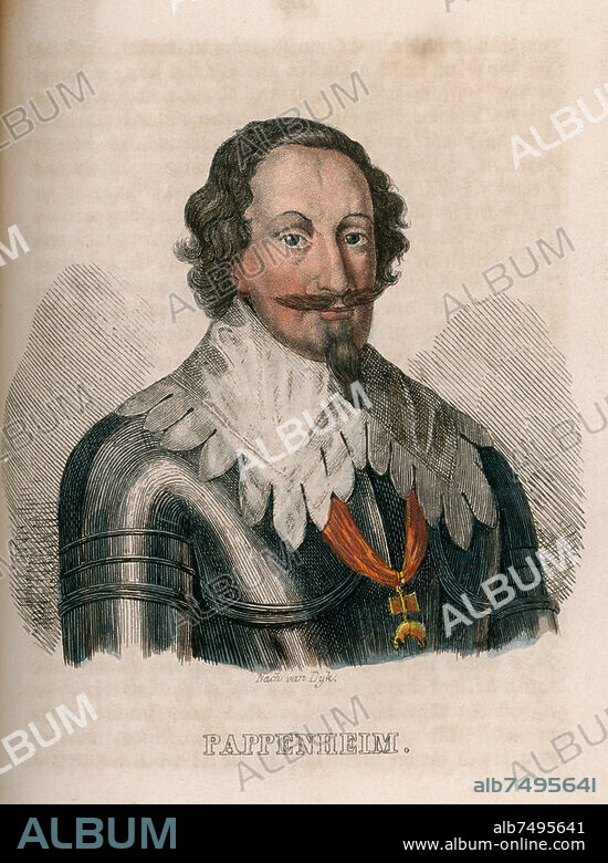 Pappenheim, Gottfried Heinrich Graf zu. kaiserl. General im 30jährigen Krieg; Treuchtlingen 08.6.1594 - bei Lützen 16.11.1632. "PAPPENHEIM". Federlithographie, altkoloriert, unbez. Aus: L.Flathe, Gustav Adolf und der dreißigjährige Krieg, 3. Bd., Dresden (Eduard Pietzsch) 1841, nach S. 696. Berlin, Sammlung Archiv für Kunst und Geschichte.