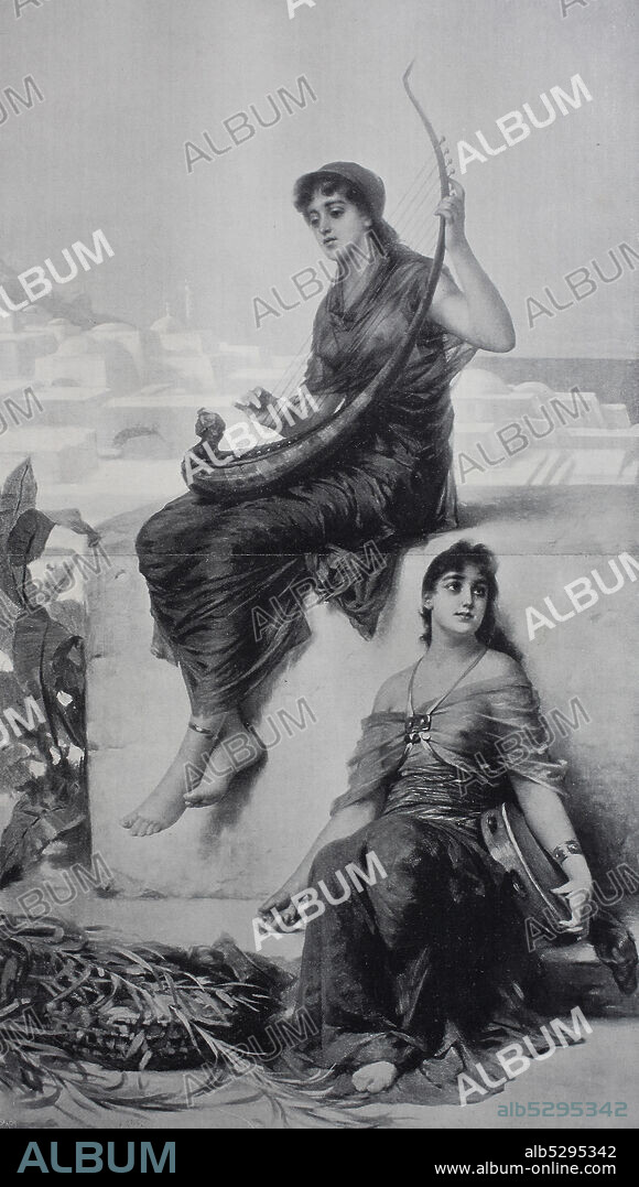 girls musicans at Tanger, Morocco  /  Mädchen mit Musikinstrumenten in Tanger, Marokko, digital improved reproduction of an original from the 19th century / digitale Reproduktion einer Originalvorlage aus dem 19. Jahrhundert.