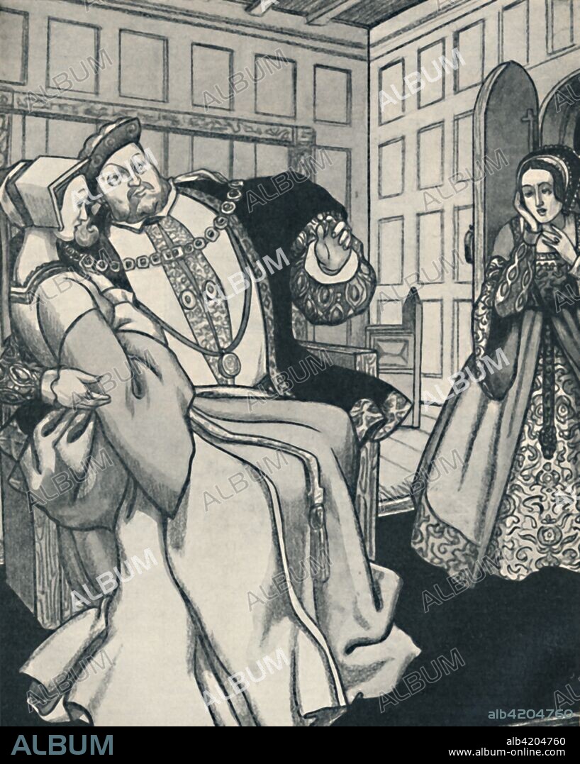 'Anne Boleyn Receives a Great Shock', c1934. Illustration showing an artist's impression of Anne Boleyn, (the Queen) surprising her husband King Henry VIII with lady-in-waiting (and future queen) Jane Seymour on his lap. From The Romance of the Nation, Volume One, edited by Charles Ray. [The Amalgamated Press, Ltd., London, c1934].
