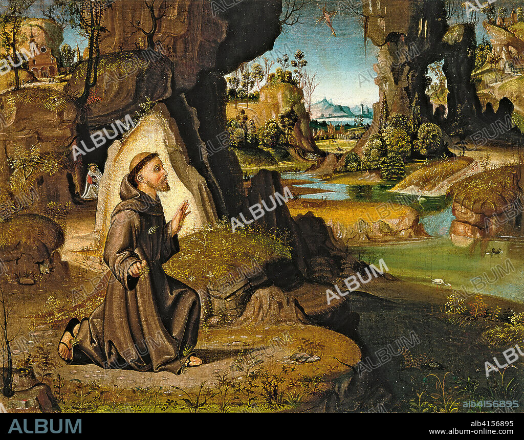 Antonio Pirri (Activo entre hacia 1500 y 1550). San Francisco recibiendo los estigmas (hacia 1525 - 1530). Óleo sobre lienzo. 42,5 x 54,5 cm.