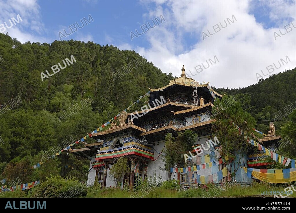 Tibetan Buddhist monastery Lamaling in front of wooded mountains in the Himalayas, Nyichi, Bayi, Eastern Kongpo, Tibet, China, Asia.