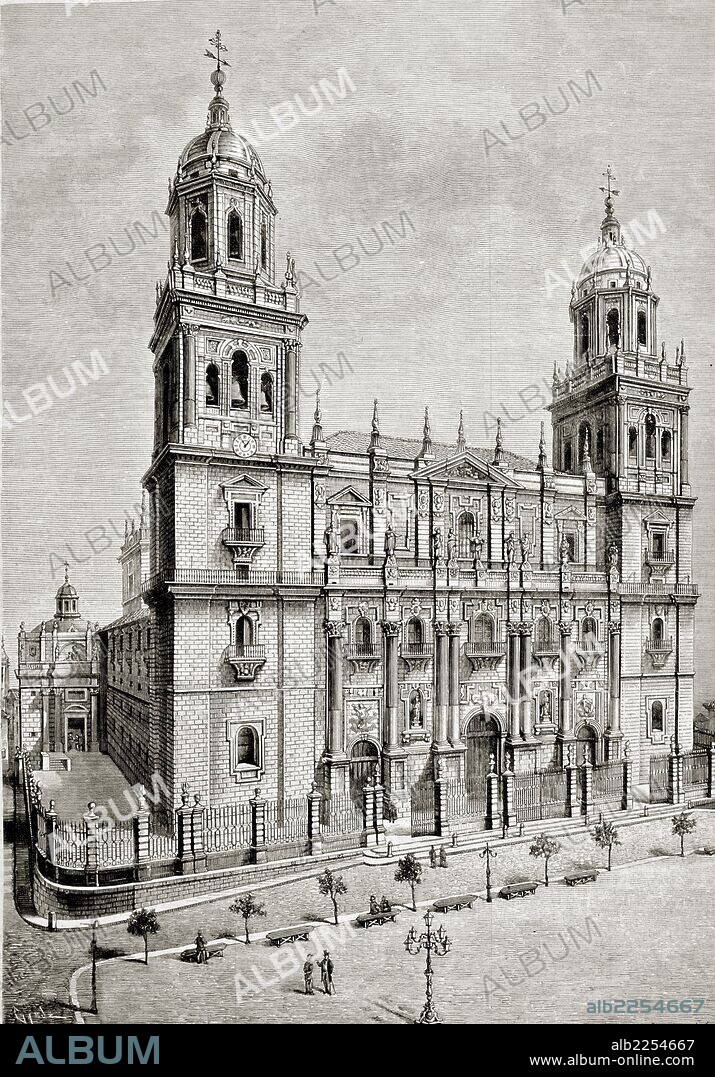 JAEN. CATEDRAL. DIBUJO DE ANTONIO HEBERT. GRABADO DE LA ILUSTRACION ESPAÑOLA Y AMERICANA , AÑO 1885.