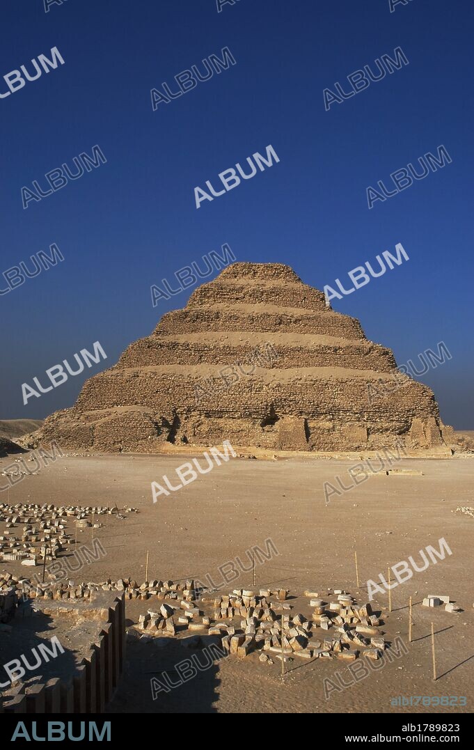 Egypt. Saqqara necropolis. The Pyramid of Djoser (Zoser) or step pyramid. Built in 27th century BC  as a burial of Pharaoh Djoser by Imhotep, his vizier. Third dynasty. Old Kingdom.