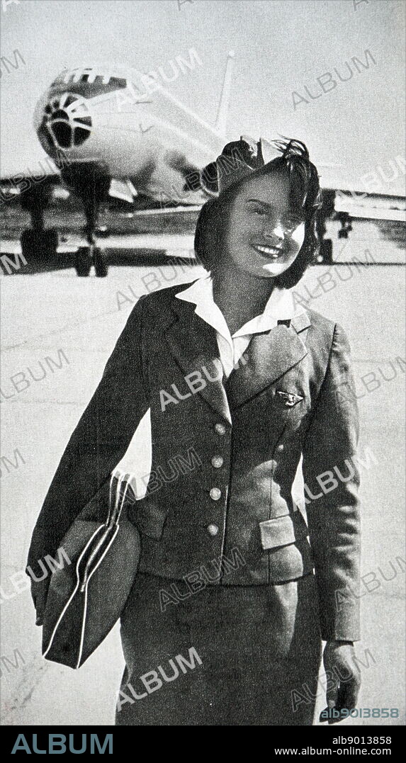 Moscow airport with plane and air hostess from the national Aeroflot airline. 1965.