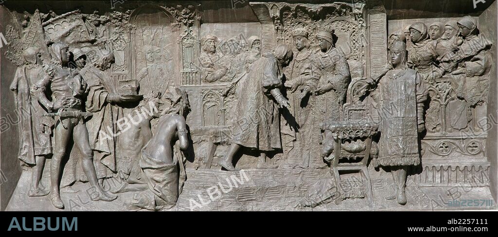 COLON, CRISTOBAL. NAVEGANTE GENOVES. 1451-1506. COLON ANTE LA REINA ISABEL LA CATOLICA. RELIEVE EN EL PEDESTAL DEL MONUMENTO A CRISTOBAL COLON EN VALLADOLID , OBRA DE ANTONIO SUSILLO.