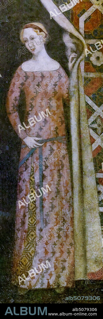 Lombardy worskhop: fresco representing a woman drawing a drape with a geometrical pattern, beginning XV century.