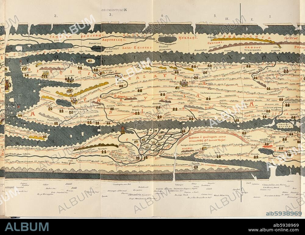 ANONYMOUS. Geography / Maps of the World. Peutinger Table (copy of a map of the Romam empire (version of C3rd AD) made in 1264); 9th sheet: Asia Minor and Egypt. Colour lithograph. From: World map of Castorius, called the Peutinger Table, published by Konrad Miller, Ravensburg (O.Maier) 1888. Berlin, Museum für Kommunikation.
