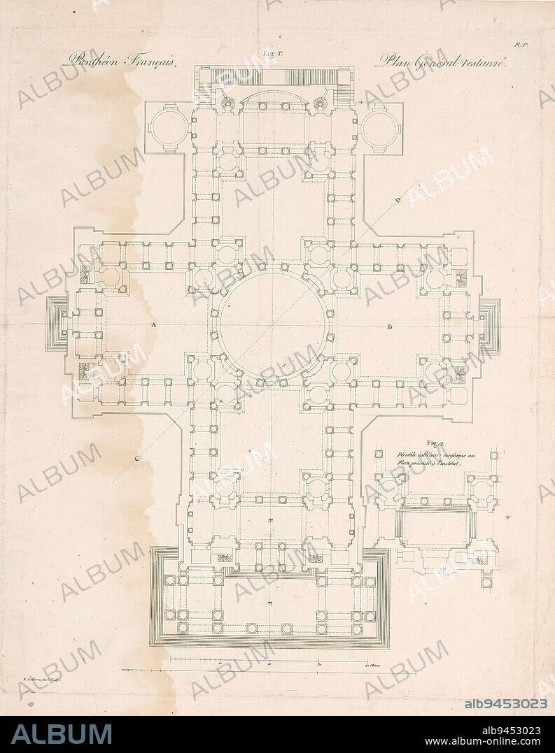 Map of the Panthéon in Paris, Panthéon Français, plan genéral restauré (title on object), print maker: E. Labarre, (mentioned on object), after own design by: E. Labarre, (mentioned on object), 1790, paper, etching, engraving, height 402 mm × width 322 mm.