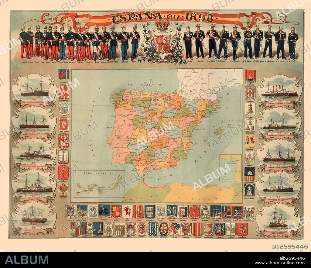 Mapa de España en 1898 con los escudos de las provincias, estados mayores de los ejércitos y escuadra de guerra de la época.