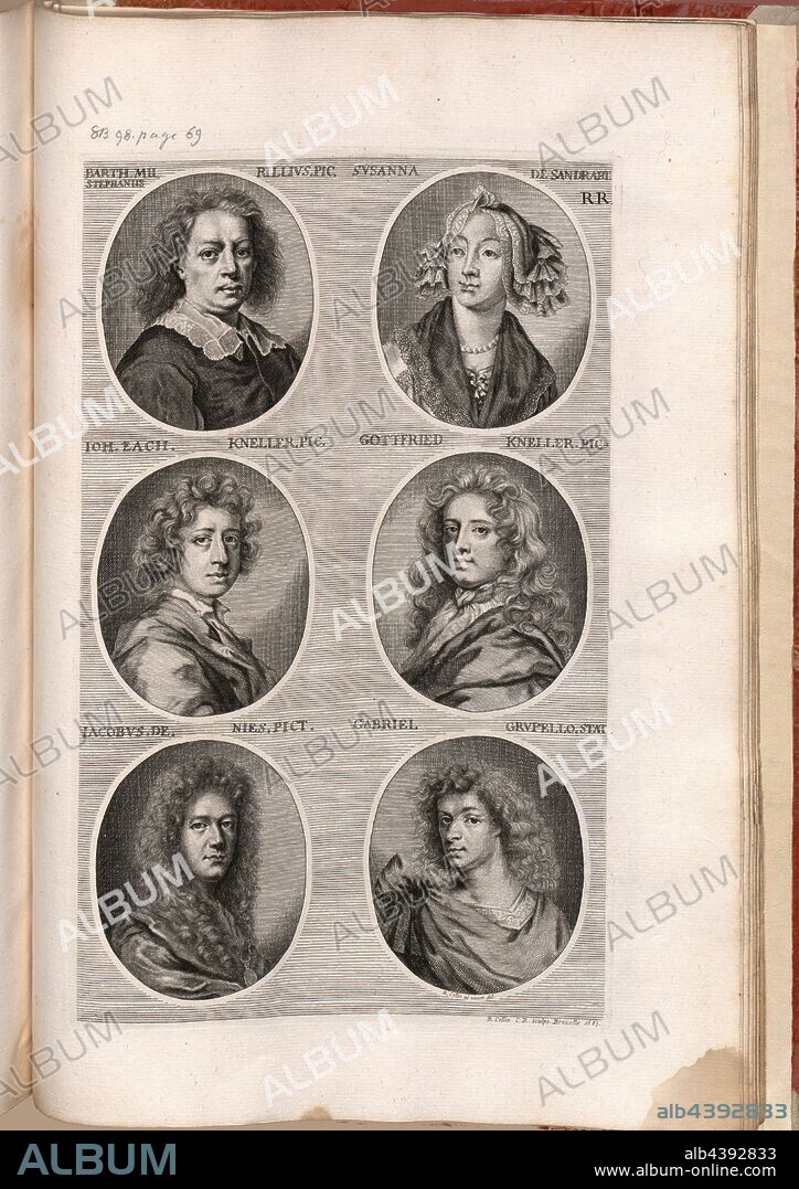 Earth. Stephen Murillo Pict. Susanna from Sandrake, Ion. Zach. Kneller pic. Gottfried Kneller pic. Jacques de Nies Pict. Gabriel Grupello STAT., Portrait of Bartolomé Esteban Murillo, Susanna Maria of Sandrart, Johann Zacharias Kneller, Gottfried Kneller, Jacob Denys, Gabriel Grupello, Signed: R. Collin ad vivum del, R. Collin C.R. sculps, Fig. 40, RR, to p. 424, Collin, Richard (del. et sc.), 1683, Joachim von Sandrart:Teutsche Academie der Bau- Bildhauer- und Maler-Kunst: worinn die Regeln und Lehrsätze dieser Künste gegeben, nicht weniger zu mehrerer Erläuterung die besten Exempel der alten und neuen Künstler in Kupfer beygefüget worden, wie solche in Rom auf das genaueste abgezeichnet sind: nebst den Lebensbeschreibungen der besten griechischen, römischen und neuen Künstler, ingleichen der Anzeige ihrer vornehmsten Werke. Nürnberg: verlegt in der Johann Andreas Endterischen Handlung, 1768-1775.