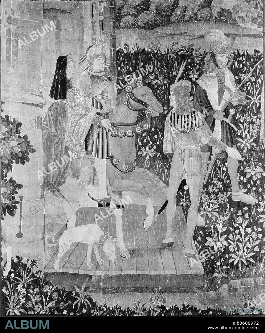 A Hunting Party Leaving a Castle (From Incidents in a Stag Hunt). Culture: South Netherlandish. Dimensions: Overall: 94 x 78in. (238.8 x 198.1cm). Date: ca. 1495-1515.