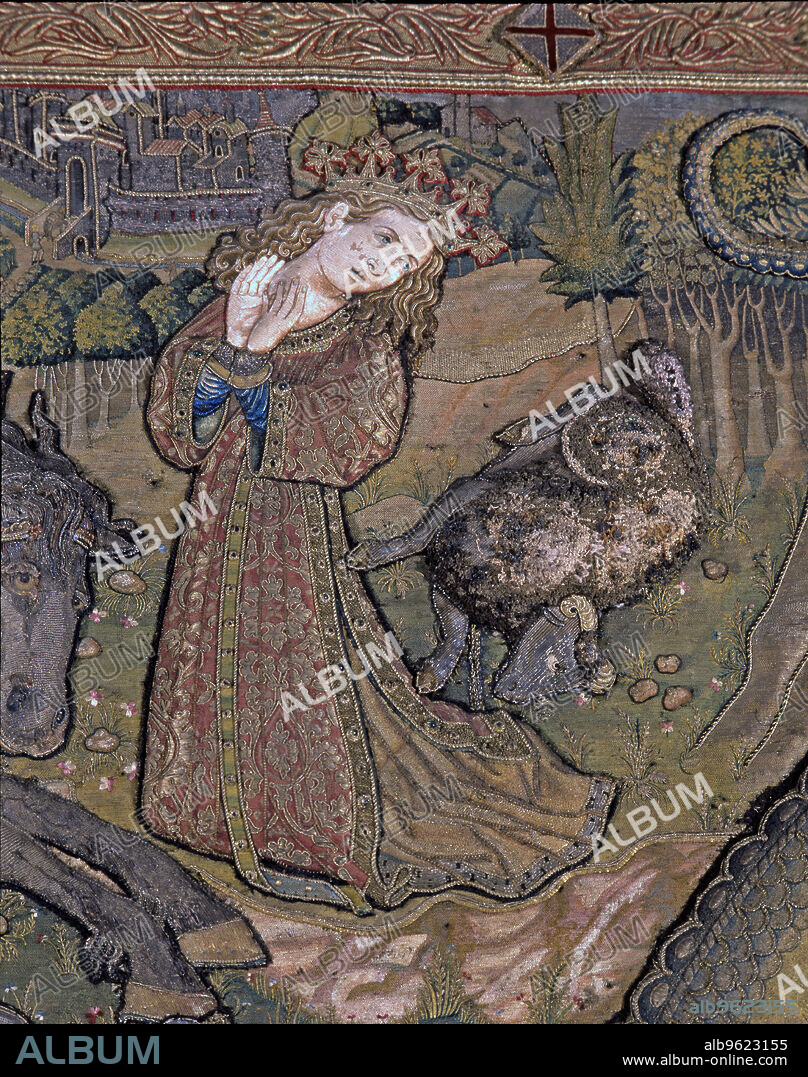 Frontal of Saint George, in linen embroidered fabric, years 1450-1451, detail of the captive princess.