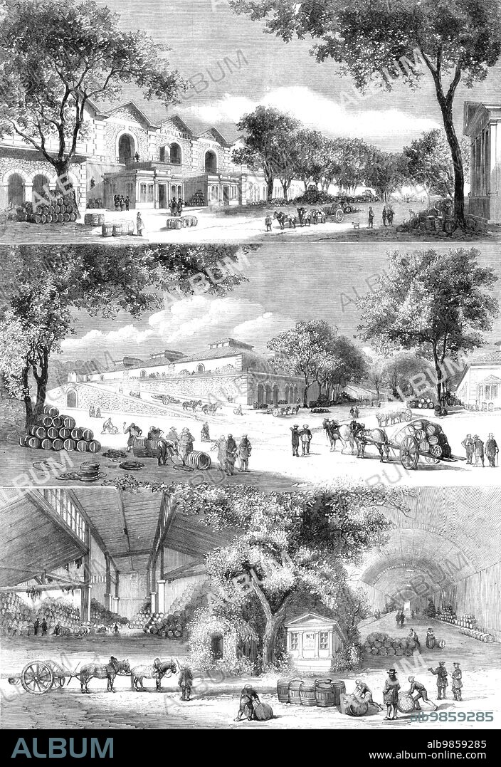 The Paris Wine Market: the Brandy Quarter, Rues de Languedoc and de la Côte d'Or, the Cellars, 1860. Engraving after a sketch by M. Lancelot. 'French wines...are likely to become mere generally consumed in England when the new treaty shall have come more fully into operation...the Entrepot, or Halle aux Vins (Wine Market)...is of vast dimensions, the superficies measuring nearly 150,000 yards...In the interior of this vast inclosure there are five sets of constructions, divided into streets, and called (after the names of the most celebrated wine-growing districts in France) Bordeaux-street, Champagne-street, Burgundy-street, Languedoc-street, and Touraine-street...There are on an average from 400,000 to 500,000 casks of wine and spirit kept...[here], the construction of which...cost the city of Paris 30,000,000f., but brings in a very small return for such an outlay to the municipal treasury...The continual arrival and departure of the long wine-carts; the octroi men carrying on their inquisitorial but necessary operations previous to the exit of the vins; the merchants in and out of their counting-houses; the rolling about of barrels here, there, and everywhere; and, above all, a dominating smell of alcohol, rendered it an exciting scene'. From "Illustrated London News", 1860.