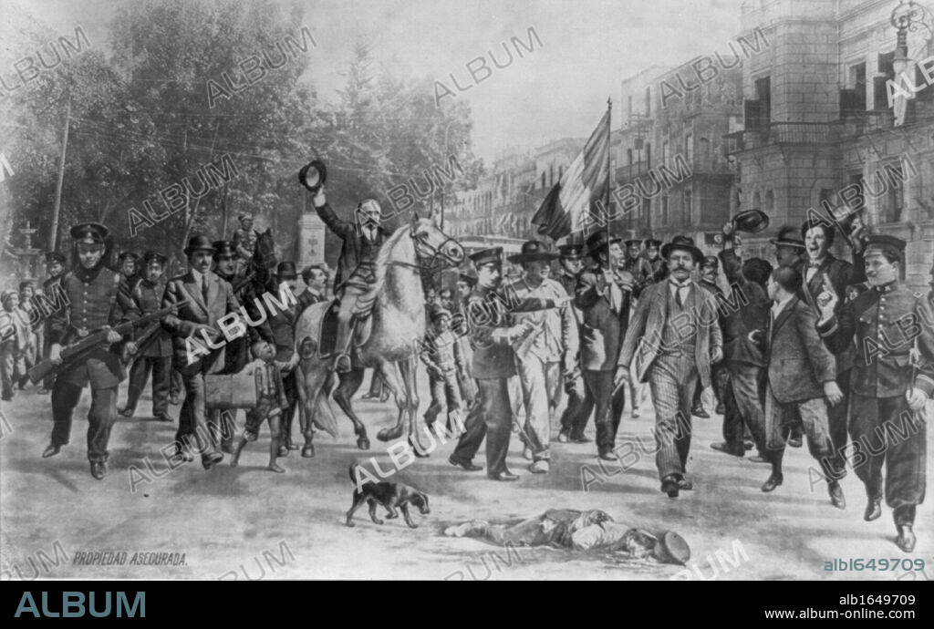 Mexican Revolution 1910-1915. Victoriano Huerto's coup d'etat. Francisco Ignacio Madero Gonzalez (1873-1913) deposed President of the Mexican Republic taken from the National Palace on 9 February 1913 by the forces of General Felix Diaz. Madero was executed on 189 February. Dead soldier lying on street in foreground.