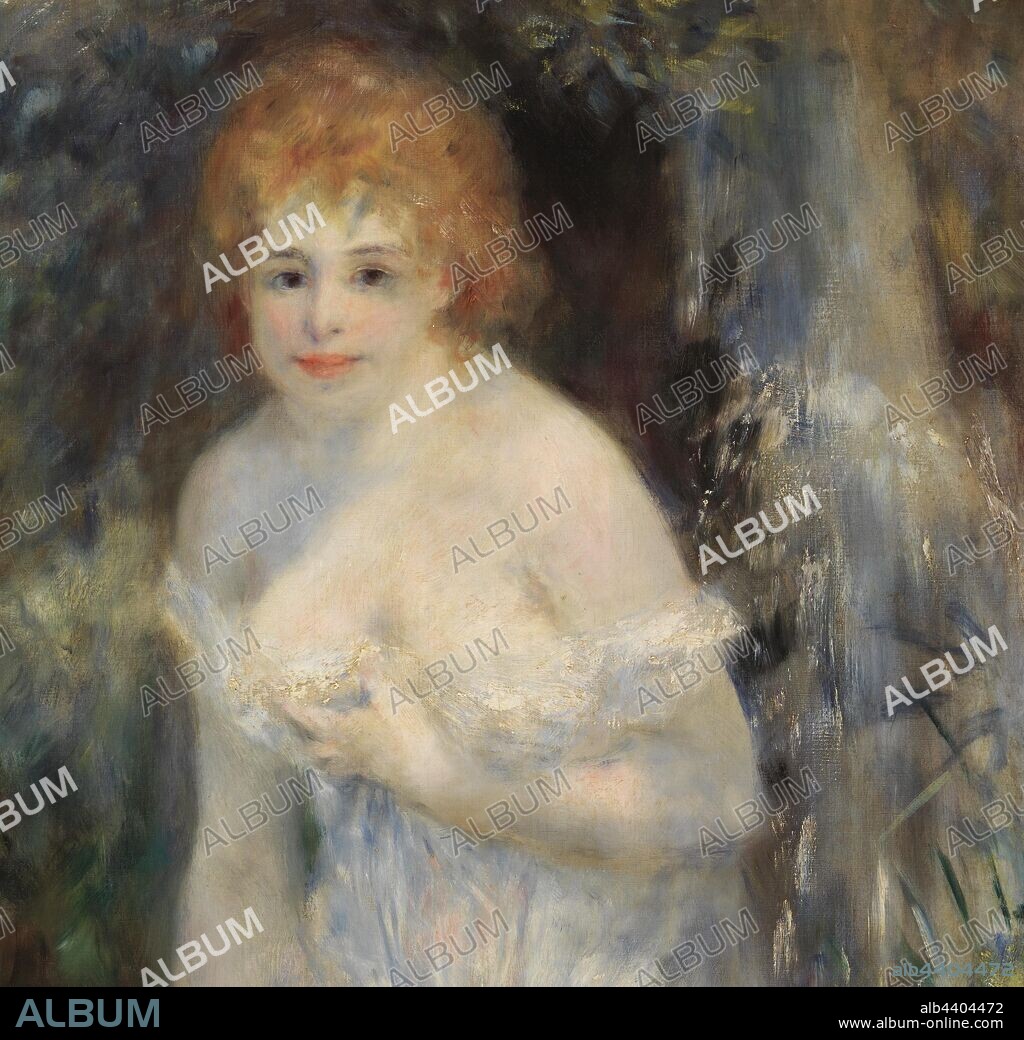 Pierre-Auguste Renoir: The Source (La Source), Pierre-Auguste Renoir, 1875, Oil on canvas, The model here is Henriette Henriot, a minor actress who posed frequently for Renoir during his impressionist years. Renoir captures the young woman in a state of undress, perhaps having just cooled off in the river behind her; as she clutches her undergarment to her chest, one can see that the fabric is damp and clinging to her thigh. This painting would have scandalized audiences during Renoir's time. The colors, first of all, with blotches of purple falling across shoulders and legs, were jarring for audiences used to looking at smooth idealized bodies. Moreover, Renoir has depicted a real woman rather than some mythological nymph or goddess—a breach of decorum., Overall: 51 9/16 x 30 1/2 in. (131 x 77.5 cm).