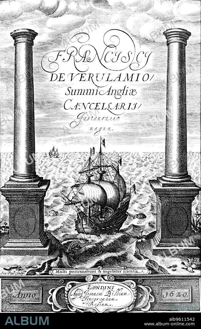 Title page of Instauratio Magna, by Francis Bacon, 1620. Francis Bacon (1561-1626), Viscount St Albans, English philosopher, scientist and statesman, became Lord Chancellor in 1618. In science he advocated observation and experiment as a method of enquiry rather than Aristotelian deductive logic. From Instauratio Magna by Francis Bacon. (London,1620).