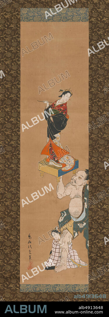 Torii Kiyoshige, The Warrior Asahina Yoshihide Lifting a Puppet of a Courtesan on a Go Board, Japan, Edo period (16151868), Torii Kiyoshige (Japanese, active ca. 17161759), mid-18th century, Japan, Hanging scroll; ink, color and gold on paper, Image: 30 in. × 7 15/16 in. (76.2 × 20.1 cm), Overall with mounting: 65 3/16 × 12 11/16 in. (165.5 × 32.2 cm), Overall with knobs: 65 3/16 × 14 7/8 in. (165.5 × 37.8 cm), Paintings.