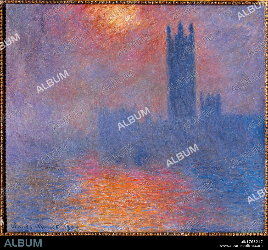 London Houses of Parliament. The Sun Shining Through the Fog, by Claude Monet, 1904, 20th Century, oil on canvas, cm 81 x 92. France, Ile de France, Paris, Muse dOrsay, RF 2007. All. London Parliament sun sunset orange blue violet profile fog.  Please remember that author's rights have to be cleared for modern and contemporary works of arts.