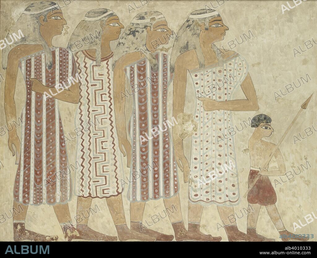 Copy of wall painting, private tomb 3 of Khnumhotpe III, Beni Hasan, four women and boy, 20th century. Framed.