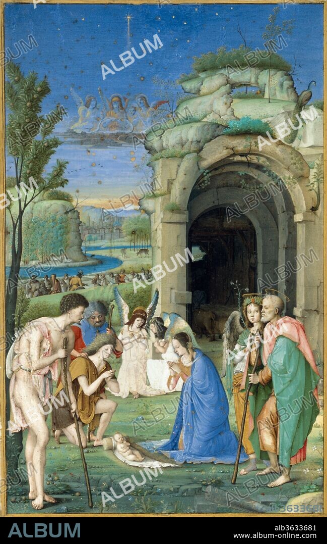 Adoration of the Shepherds. Artist: Francesco di Marco Marmitta da Parma (Emilian, 1457-1505). Dimensions: 9 5/8 x 6 in.  (24.4 x 15.2 cm). Date: ca. 1500.
Essentially a small painting on parchment, this image appears to have been created as an independent object for private devotion. According to a letter of 1591 formerly pasted onto its reverse, which refers to it as a "tablet," the miniature once belonged to the Medici pope Clement VII (r. 1523-34) and in 1591 was given as a gift by Pope Gregory XIV to Christine of Lorrain, grand duchess of Tuscany. As stated in the letter, she would be granted plenary indulgence for her sins every time she prayed before the image "for the Salvation of the Christian religion and the Church, in the struggle against heresy." The work is among the rare surviving masterpieces by Francesco Marmitta da Parma, who was active as a goldsmith, engraver of gems, painter, and illuminator.