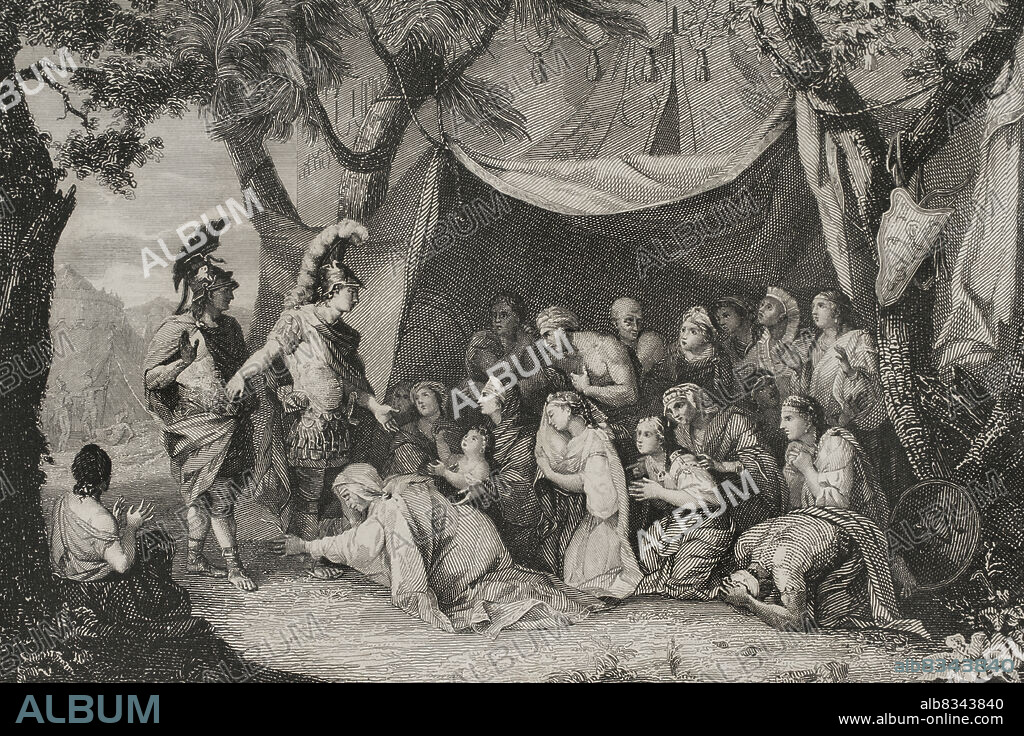 Alexander visits the family of Darius. Alexander the Great visits the Persian royal family after the defeat of Darius III at the Battle of Issus. 4th century BC. Engraving. "Historia Universal", by César Cantú. Volume I, 1854.