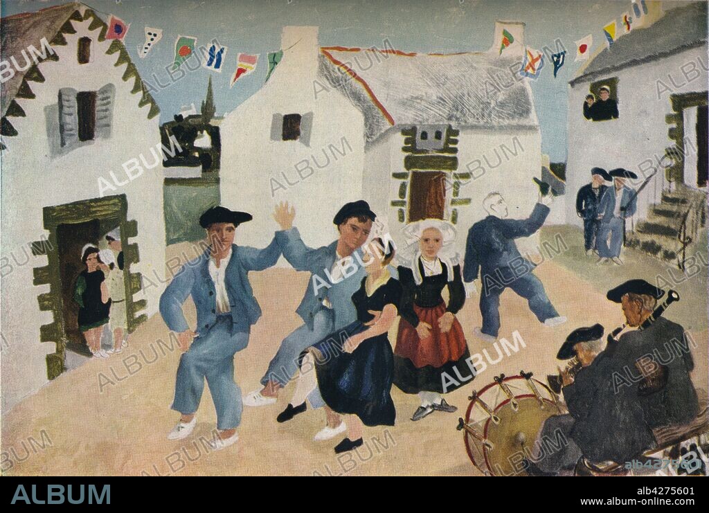 'Dancing Sailors, Brittany' , 1930, (1936). Village square with men and girls in Breton costume dancing  by English painter  John Christopher Wood (1901-1930) shortly before his tragic death at Salisbury railway station. Oil on board. From "The Studio Volume 111" [London Offices of the Studio, London, 1936.].