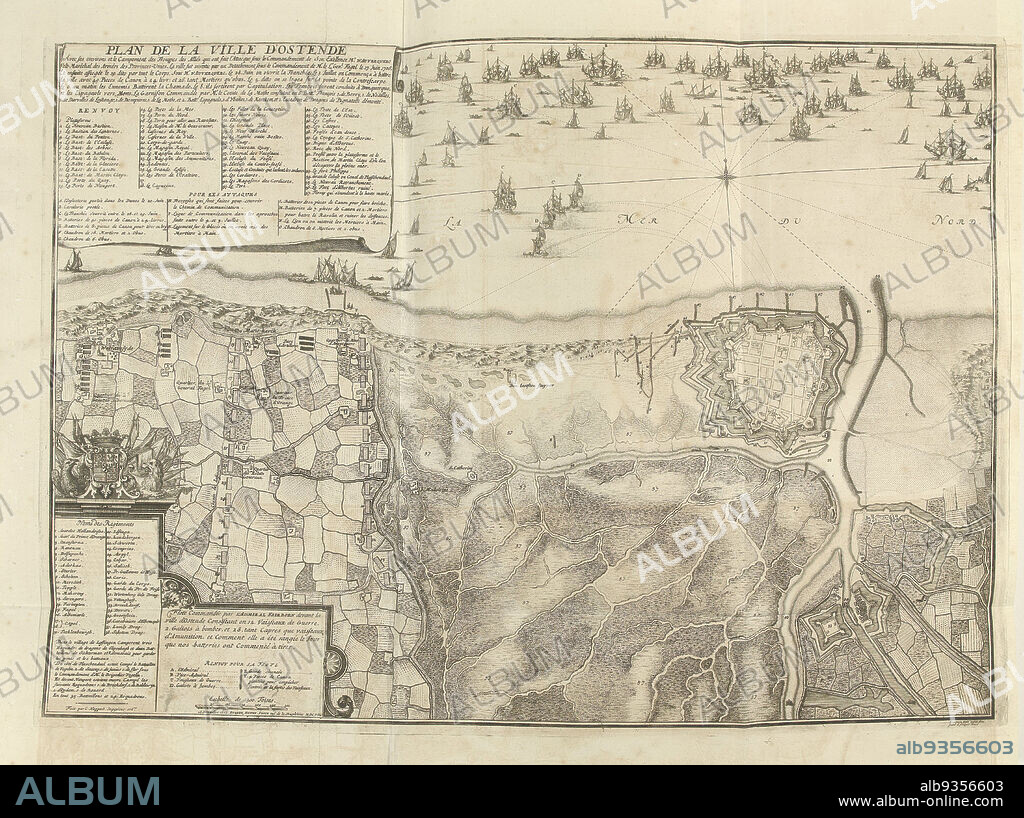 Siege of Ostend, 1706, Plan de la ville d'Ostende (title on object), Map of the siege of Ostend by the Allies under Henry of Nassau, lord of Ouwerkerk, besieged from June 17, taken on July 6, 1706. Top left a cartouche with the title and legends 1-57 in French. Bottom left a cartouche listing the regiments that took part in the siege with the coat of arms of Hendrik van Nassau, lord of Ouwekerk at the top and a scale sticker: Eschelle de 300 Toises at the bottom right. Part of a bundled collection of plans of battles and cities renowned in the War of the Spanish Succession., print maker: Jacobus Harrewijn (mentioned on object), C. Hoppach (mentioned on object), Brussels, 1707, paper, etching, height 532 mm × width 740 mm.