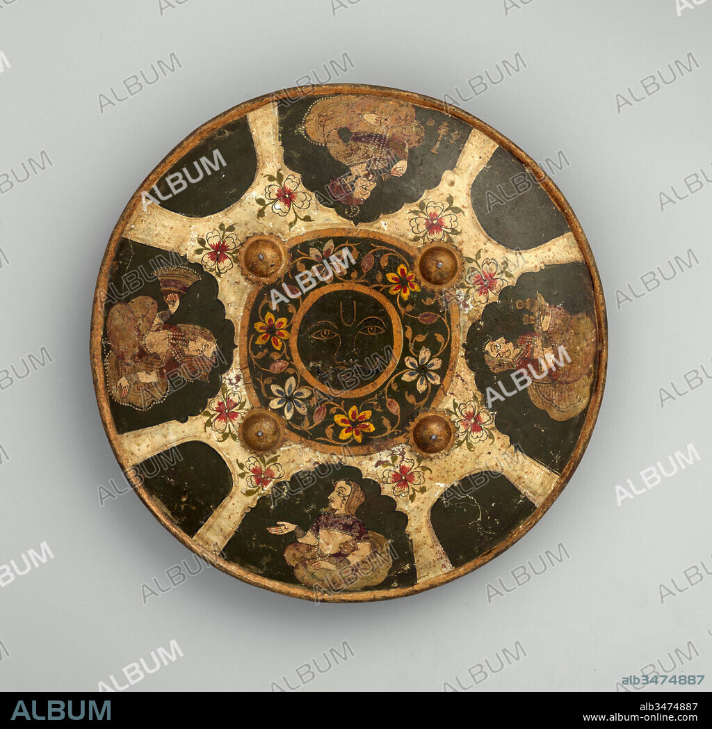 Shield (Dhál), 18th–early 19th century, Bundi, Rajasthan, Indian, Rajasthan, Bundi, Iron, polychromy, textile, leather, Diam. 13 in. (33 cm), Shields, In form and materials, this is a common type of Indian shield. However, in size, and, most importantly, in decoration, this object is both distinct and very rare.