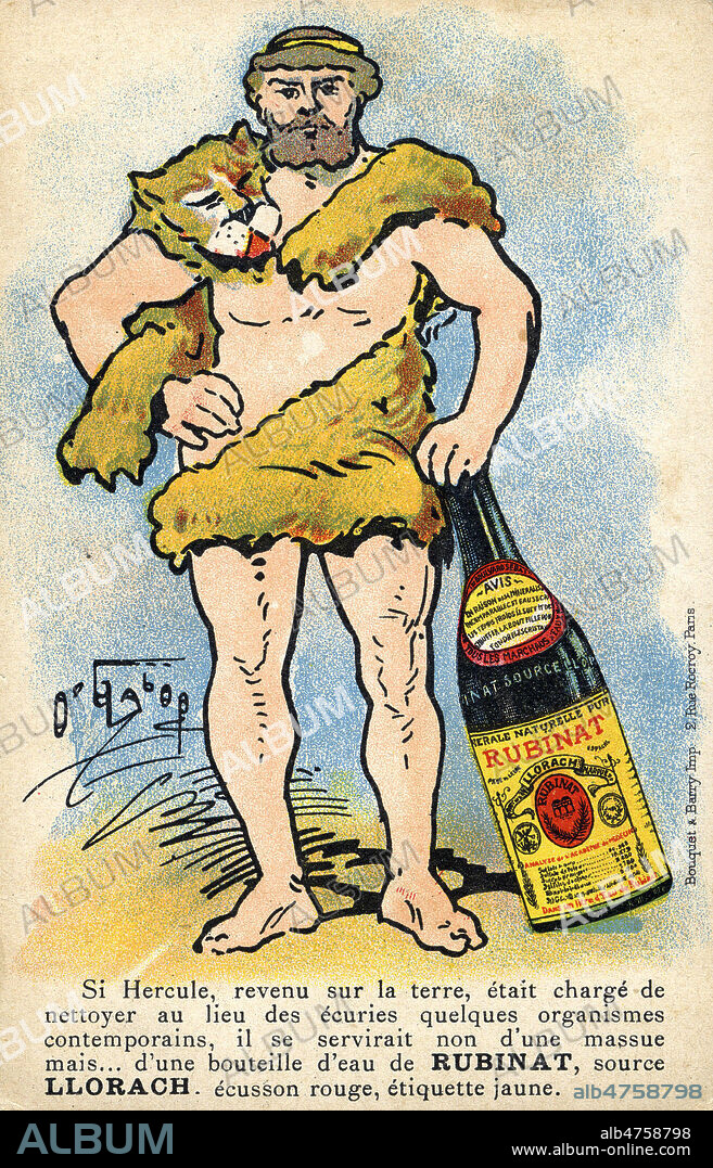 Hercule tenant une bouteille d'eau de Rubinat. Carte postale publicitaire vers 1910 pour une eau minerale. Illustration par O'GALOP (1867-1946). Credit : Collection IM/KHARBINE-TAPABOR.