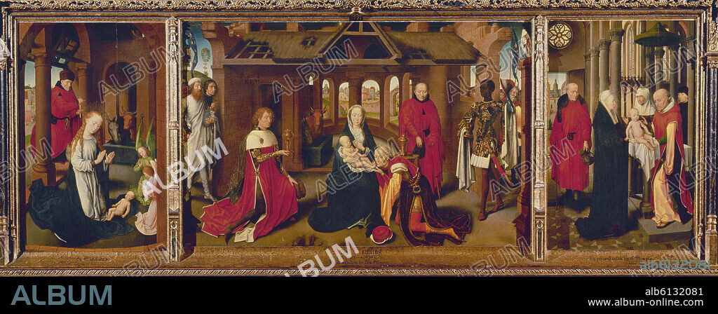 HANS MEMLING (1435-1494). TRIPTICO - NATIVIDAD ADORACION DE LOS MAGOS Y PURIFICACION - 1479-1480 - OLEO/TABLA - 95x271 cm - GOTICO FLAMENCO.