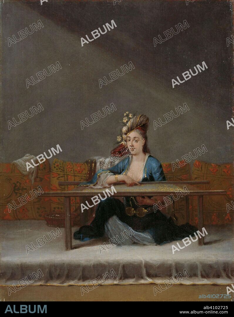JEAN BAPTISTE VANMOUR. Turkish Woman at her Embroidery Frame. Turkse vrouw voor haar borduurraam. Dating: c. 1720 - c. 1737. Measurements: h 33.5 cm × w 26.5 cm.