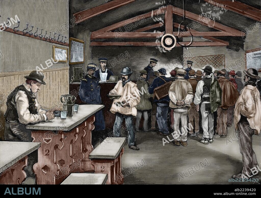 Spain. Restoration Period (1875-1885). The charities in Madrid. Office of rations and dining. Engraving in The Spanish and American Illustration, 1879. Colored.