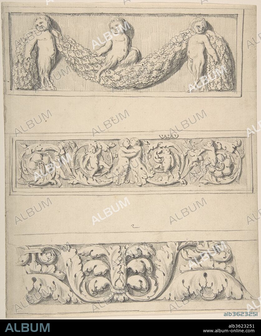 Three Frieze Designs with Young Satyrs, Leaves, Vines, and Putti. Artist: Attributed to Thomas Hardwick (British, London 1752-1829 London). Dimensions: sheet: 11 9/16 x 9 3/8 in. (29.4 x 23.8 cm). Date: 1776-79.