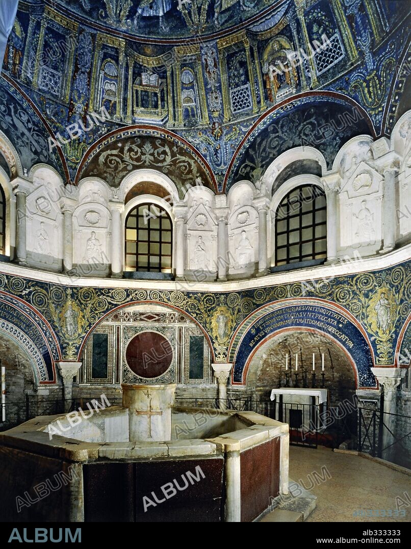 Interior with font and part of dome in Neonian or Baptistery of Orthodox Ravenna early 5th century AD. Neonian, Baptistery of Orthodox, Ravenna.