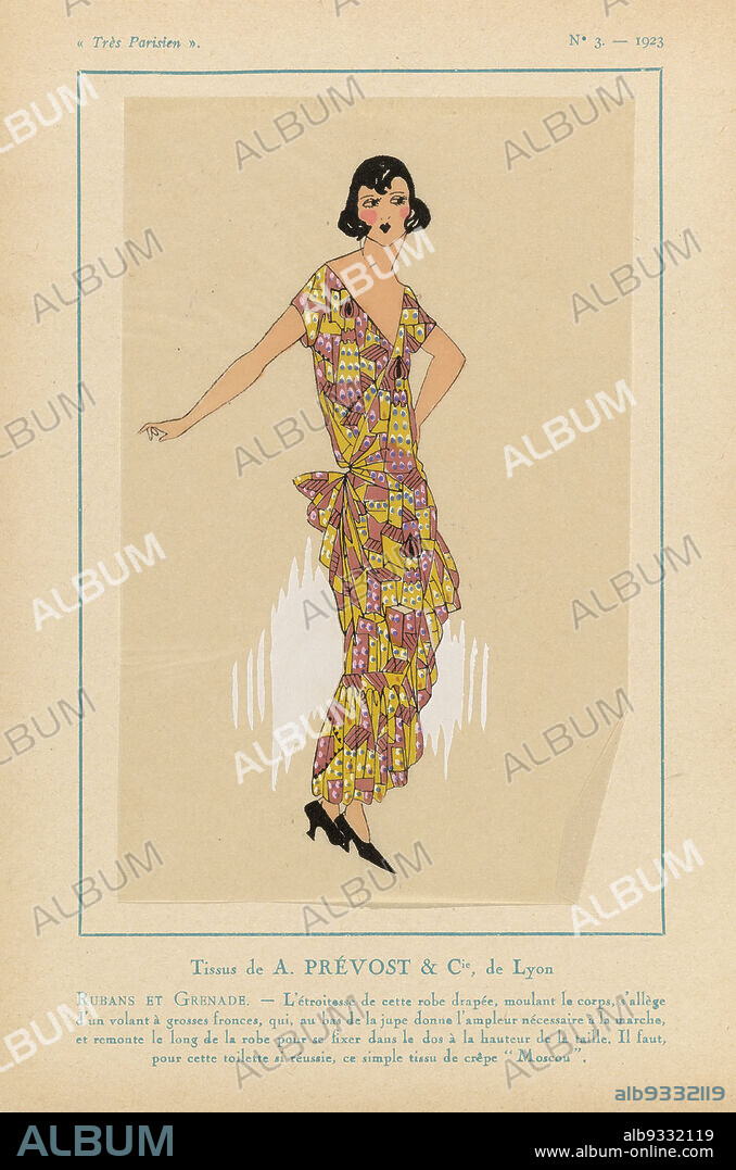 Très Parisien, 1923, No. 3: Tissus de A. PRÉVOST...Rubans de Grenade, Fabrics by A. Prévost & Cie. Draped dress with a large frilled flounce at the bottom of the skirt. According to the caption, it is naive to use the simple fabric crêpe Moscou for this 'toilette'. Print from the fashion magazine Très Parisien (1920-1936)., print maker: anonymous, A. et Cie Prévost (mentioned on object), Lyon, Paris, 1923, paper, letterpress printing, height 269 mm × width 180 mm.