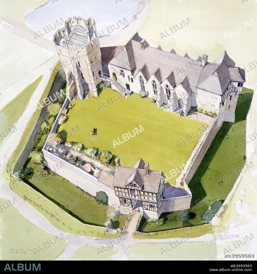 Stokesay Castle, Shropshire, c2010.  A present day aerial reconstruction drawing of Stokesay Castle, a fortified manor house in Stokesay, Shropshire, England. It was built in the late 13th century by Laurence of Ludlow, then the leading wool merchant in England.